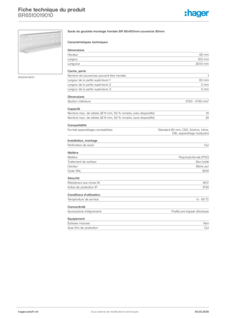 Image Hager Fiche technique du produit BR6510019010 | Hager Suisse