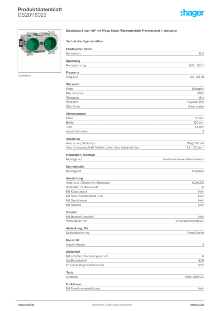 Bild Hager Produktdatenblatt GS20116029 | Hager Deutschland