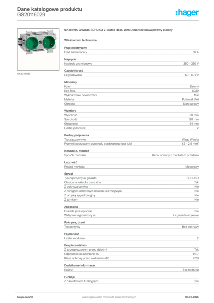 Zdjęcie Hager Dane katalogowe produktu GS20116029 | Hager Polska