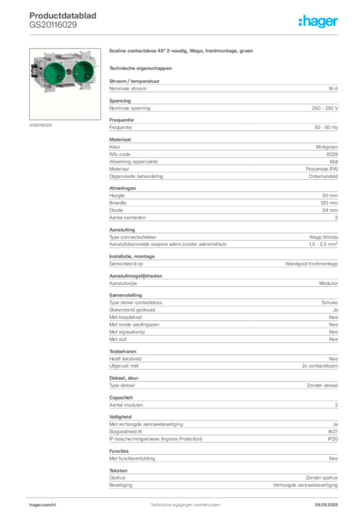 Afbeelding Hager Productdatablad GS20116029 | Hager Nederland