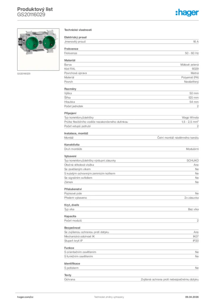 Obrázek Hager Product data sheet GS20116029 | Hager