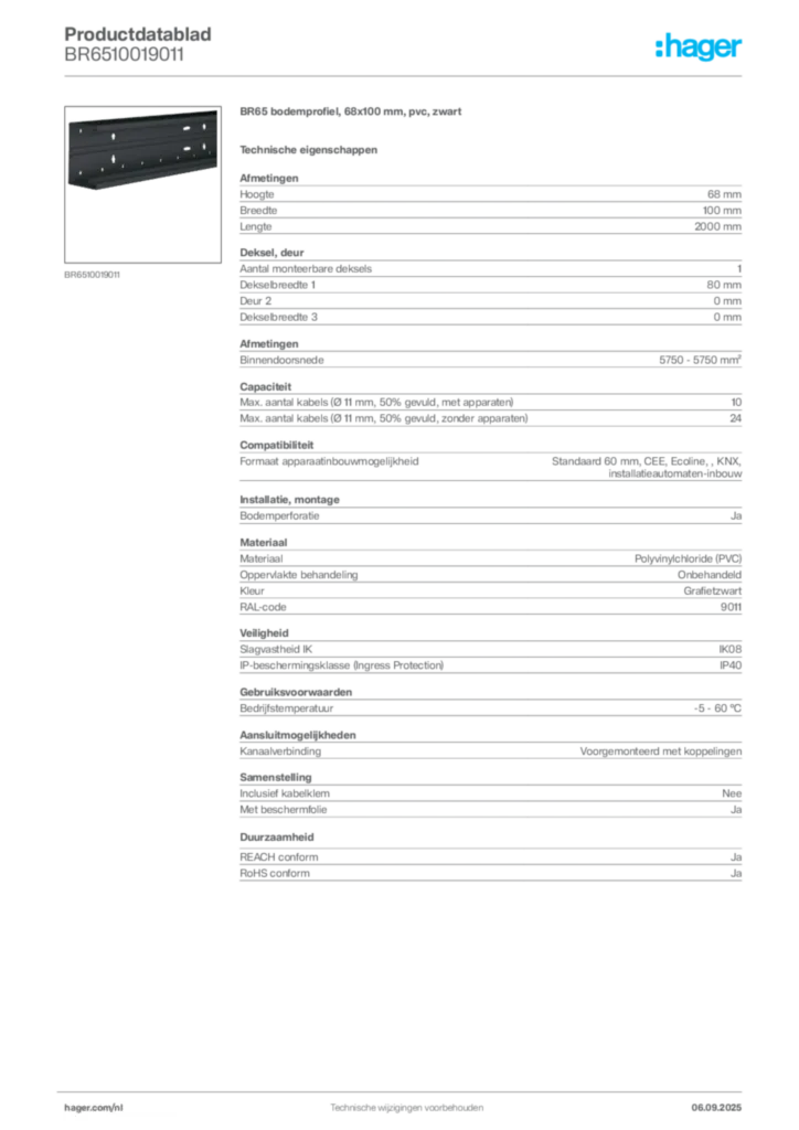 Afbeelding Hager Productdatablad BR6510019011 | Hager Nederland