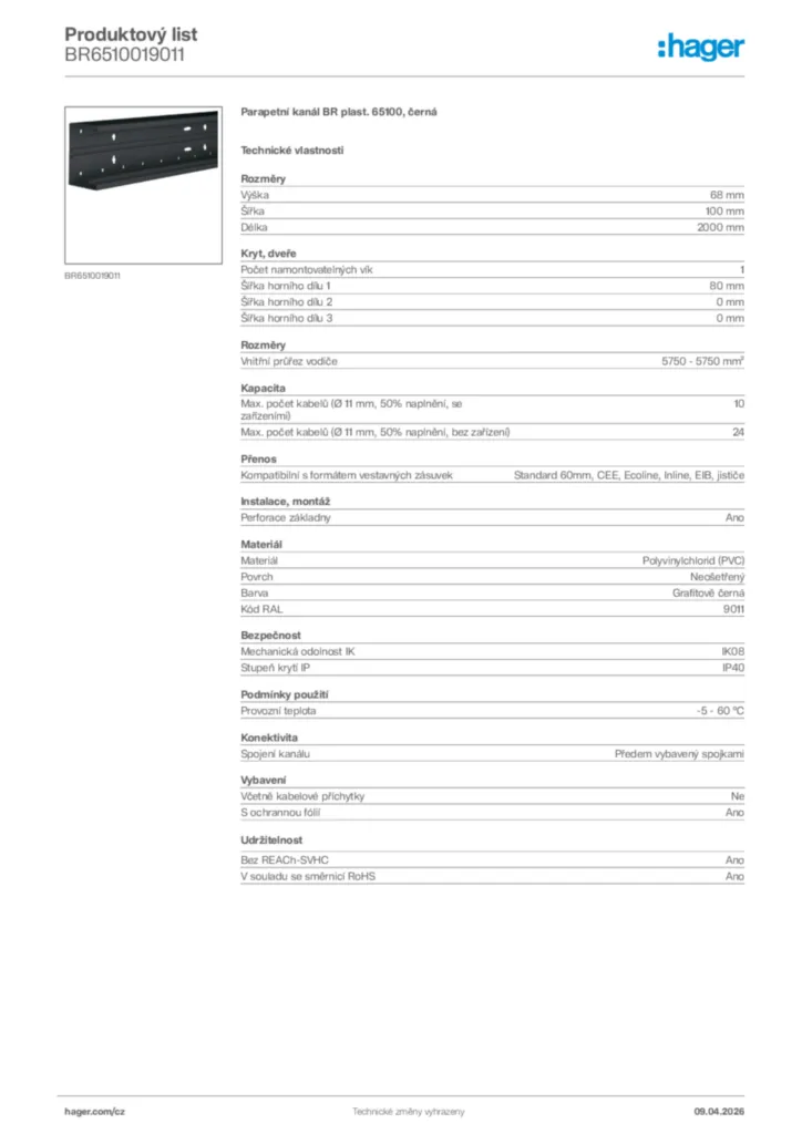 Obrázek Hager Product data sheet BR6510019011 | Hager