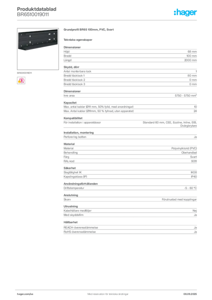 Bild Hager Produktdatablad BR6510019011 | Hager Sverige