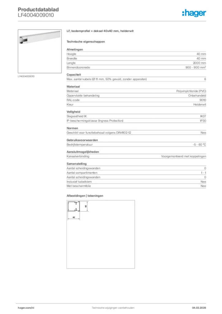 Afbeelding Hager Productdatablad LF4004009010 | Hager Nederland