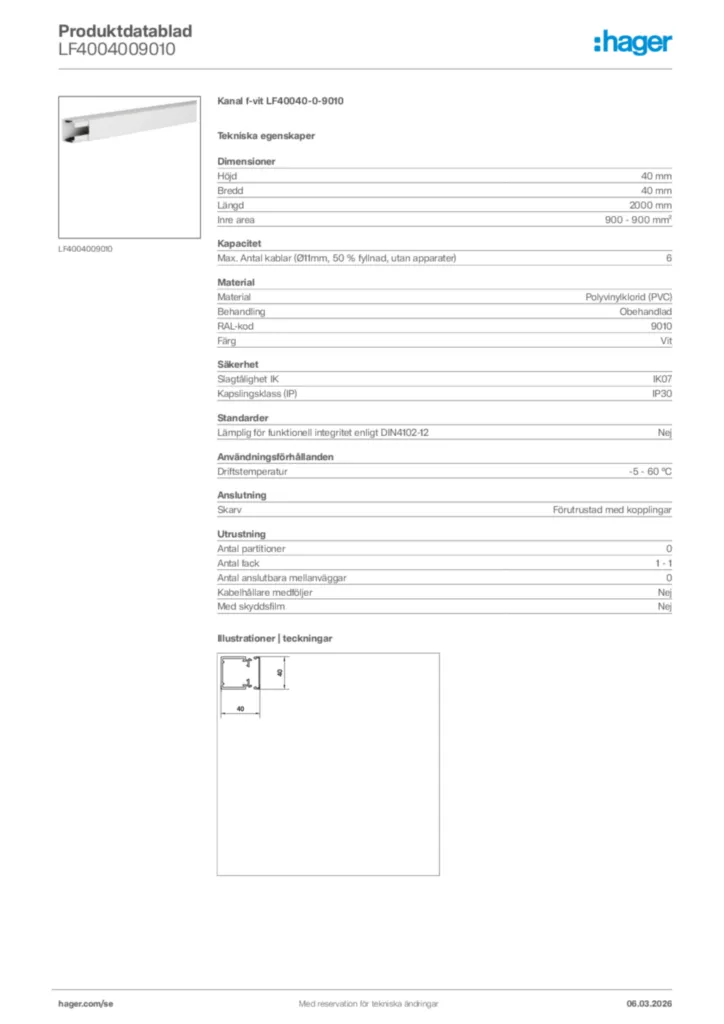 Bild Hager Produktdatablad LF4004009010 | Hager Sverige