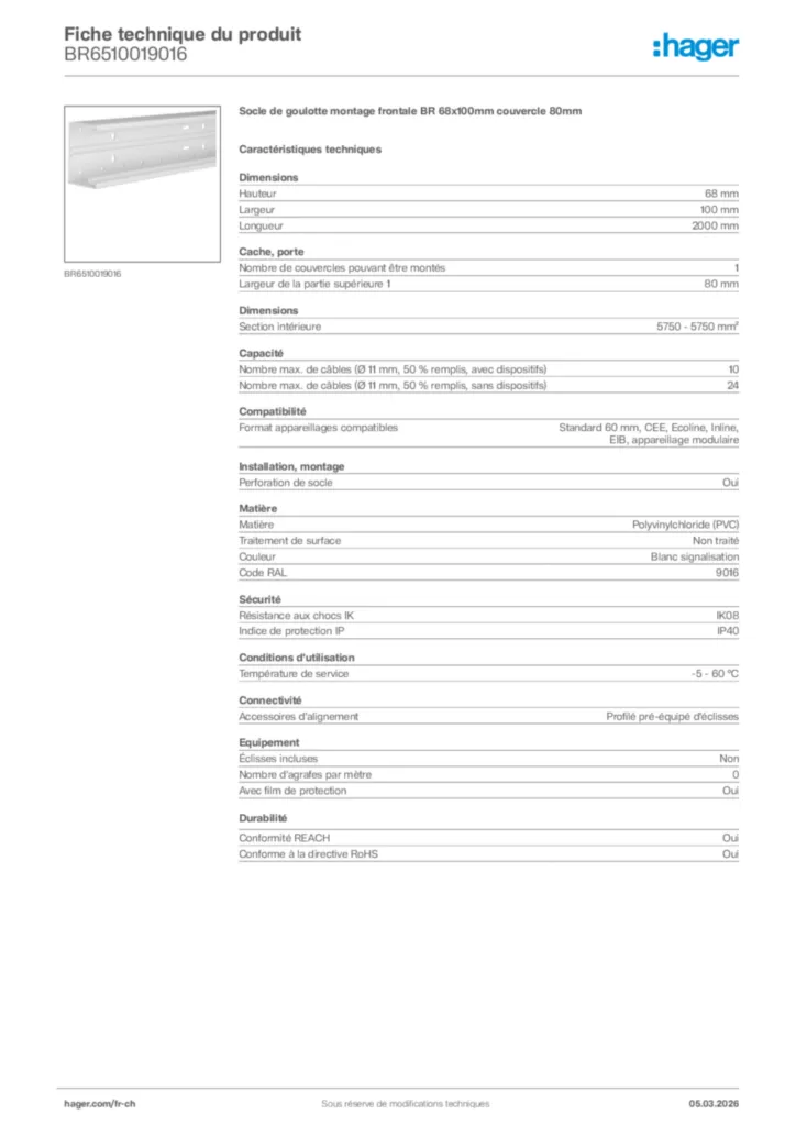 Image Hager Fiche technique du produit BR6510019016 | Hager Suisse