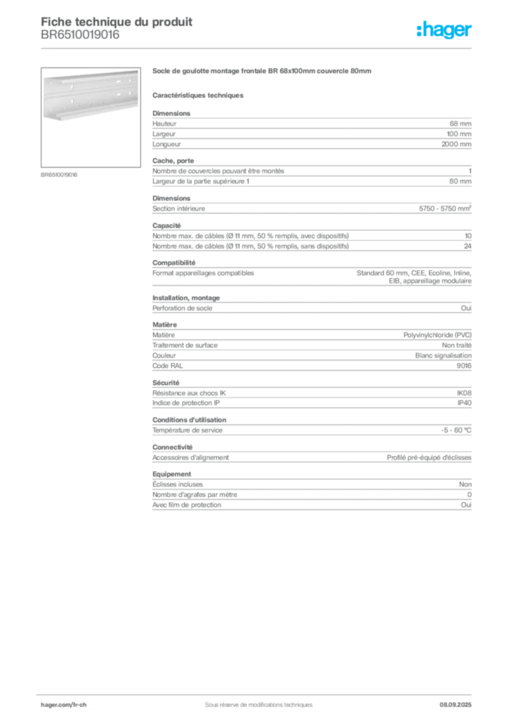 Image Hager Fiche technique du produit BR6510019016 | Hager Suisse