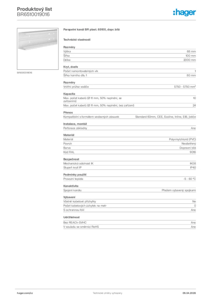 Obrázek Hager Product data sheet BR6510019016 | Hager