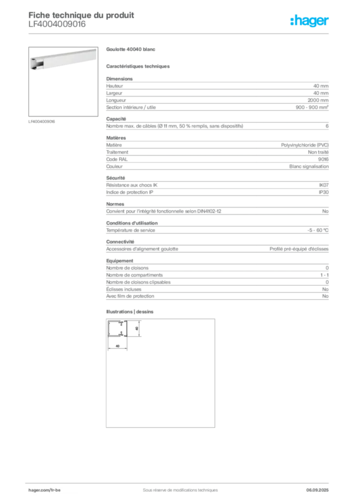 Image Hager Fiche technique du produit LF4004009016 | Hager Belgique