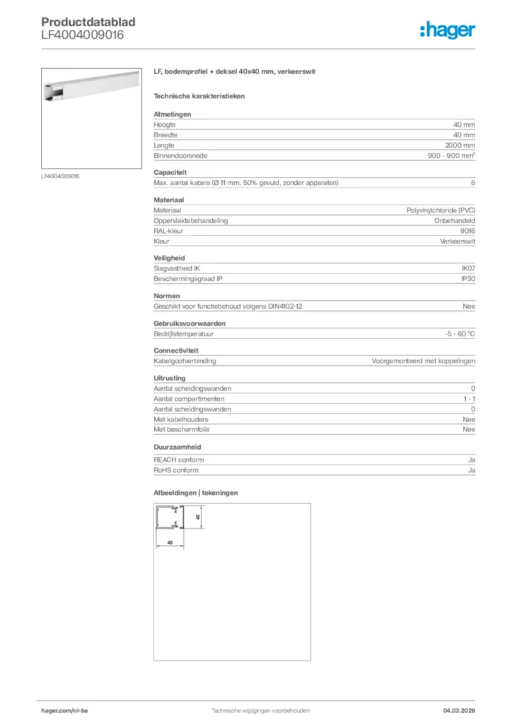 Afbeelding Hager Productdatablad LF4004009016 | Hager Belgium