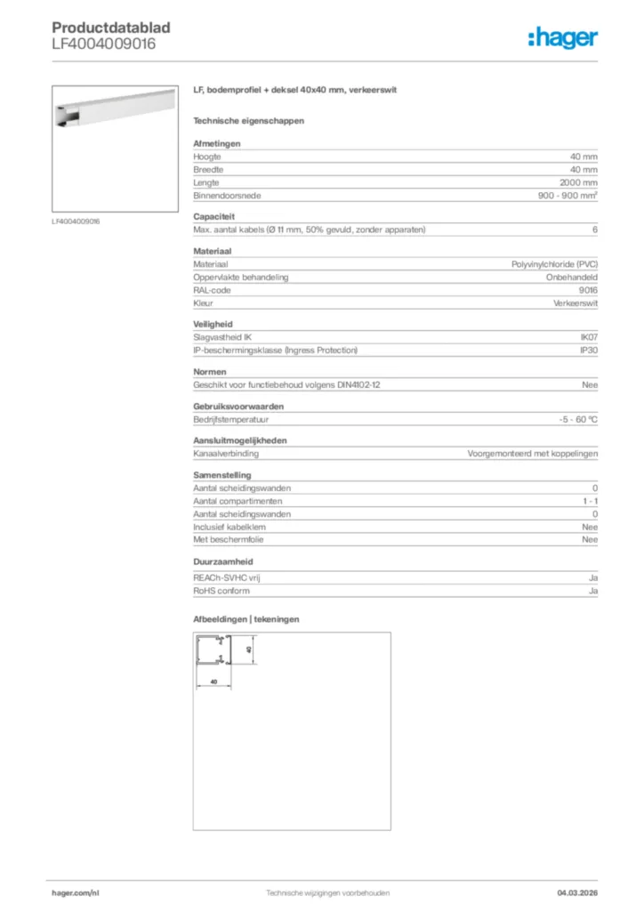 Afbeelding Hager Productdatablad LF4004009016 | Hager Nederland