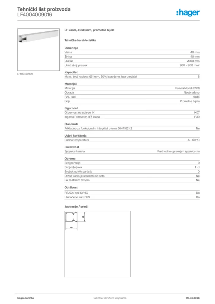 Slika Hager Tehnički list proizvoda LF4004009016  | Hager