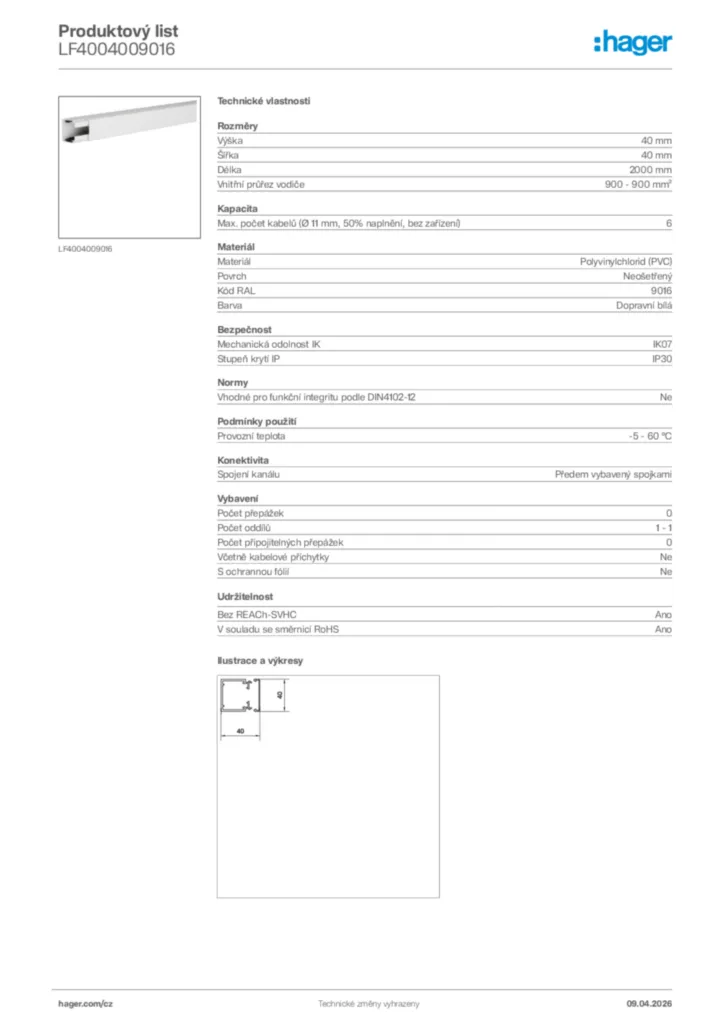 Obrázek Hager Product data sheet LF4004009016 | Hager