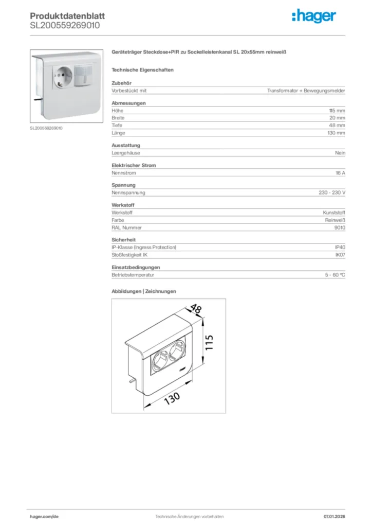 Bild Hager Produktdatenblatt SL200559269010 | Hager Deutschland