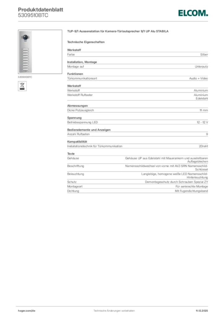 Bild Elcom Produktdatenblatt 5309510BTC | Hager Deutschland