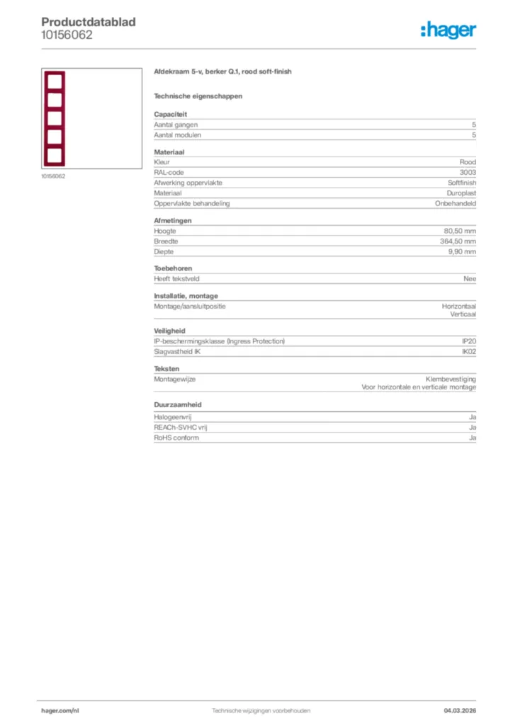 Afbeelding Hager Productdatablad 10156062 | Hager Nederland