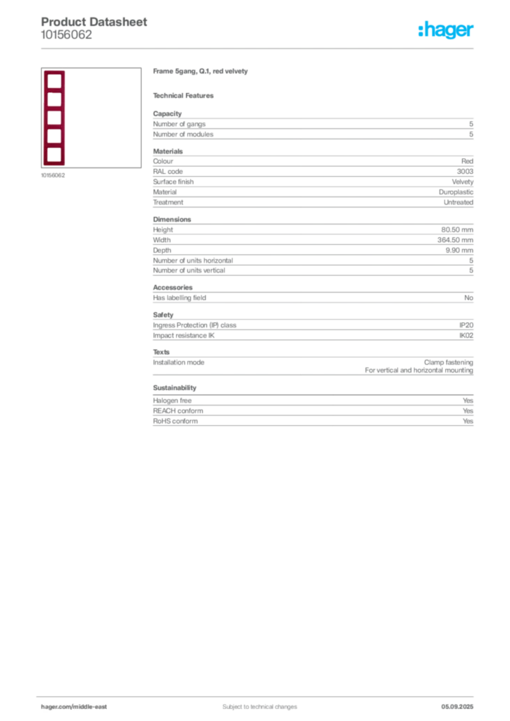 Image Hager Product data sheet 10156062  | Hager
