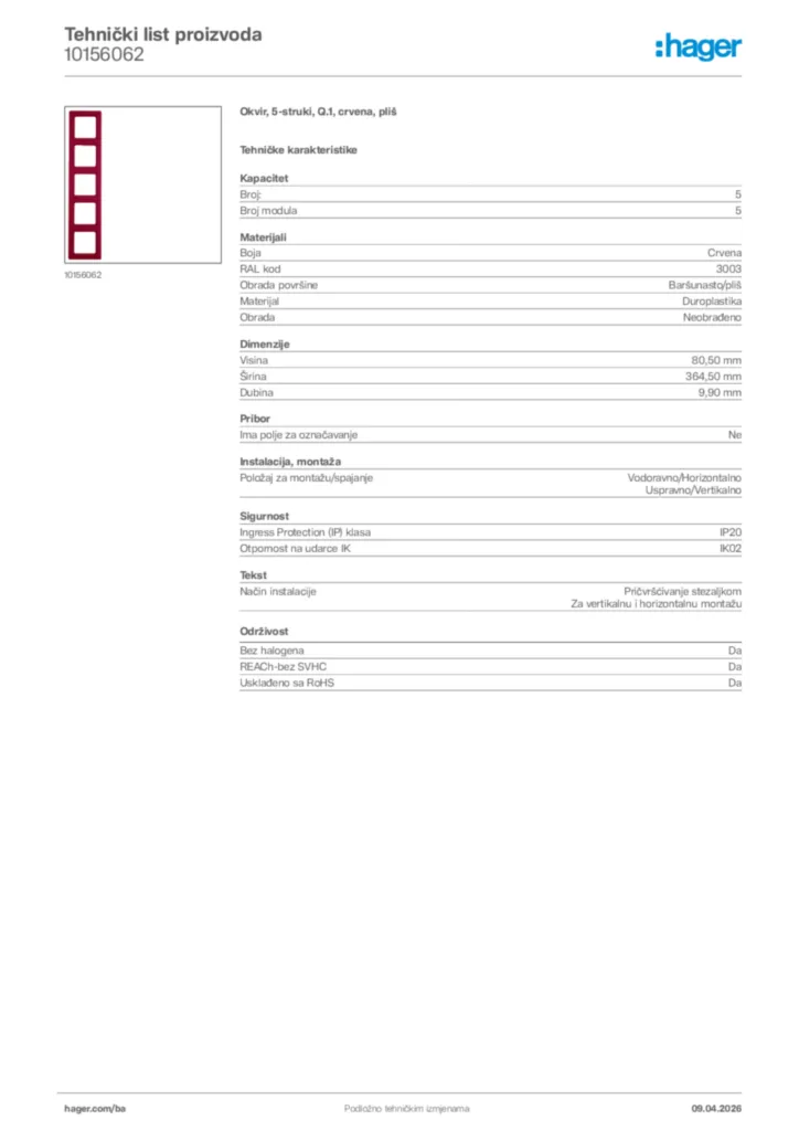 Slika Hager Tehnički list proizvoda 10156062  | Hager