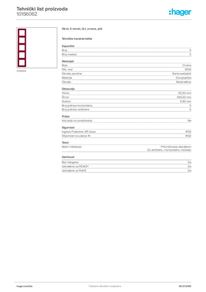 Slika Hager Product data sheet 10156062  | Hager