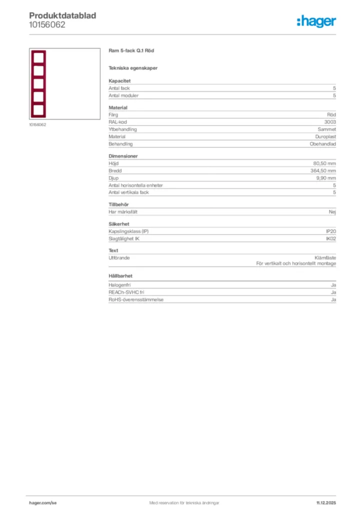 Bild Hager Produktdatablad 10156062 | Hager Sverige