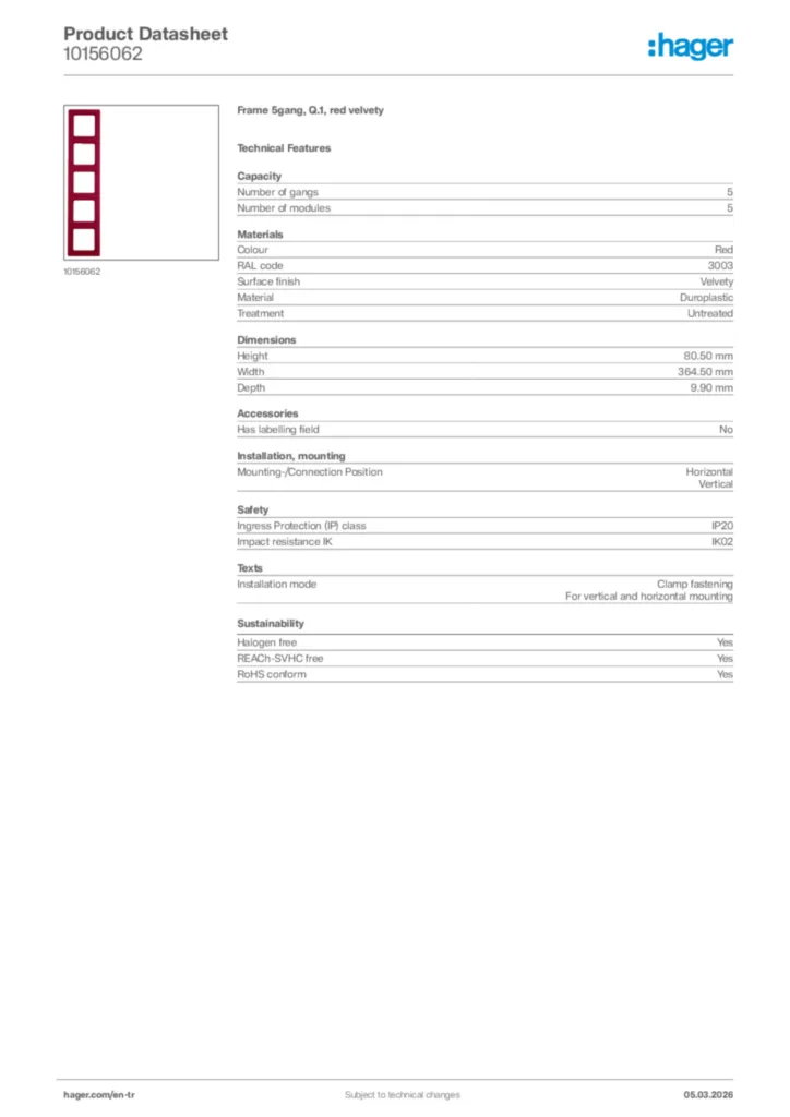 Image Hager Product data sheet 10156062  | Hager