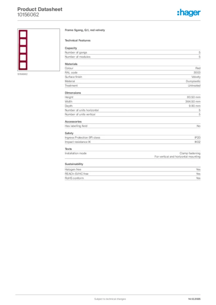 Image Hager Product data sheet 10156062  | Hager