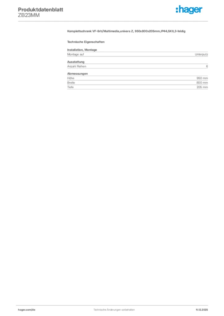 Bild Hager Produktdatenblatt ZB23MM | Hager Deutschland