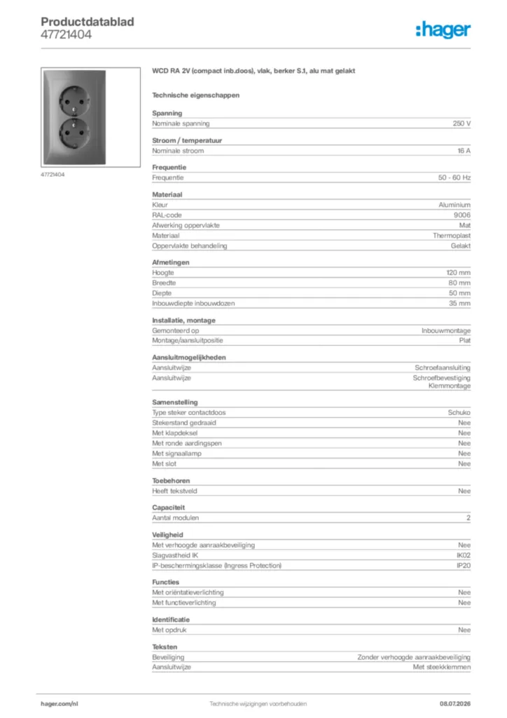 Afbeelding Hager Productdatablad 47721404 | Hager Nederland