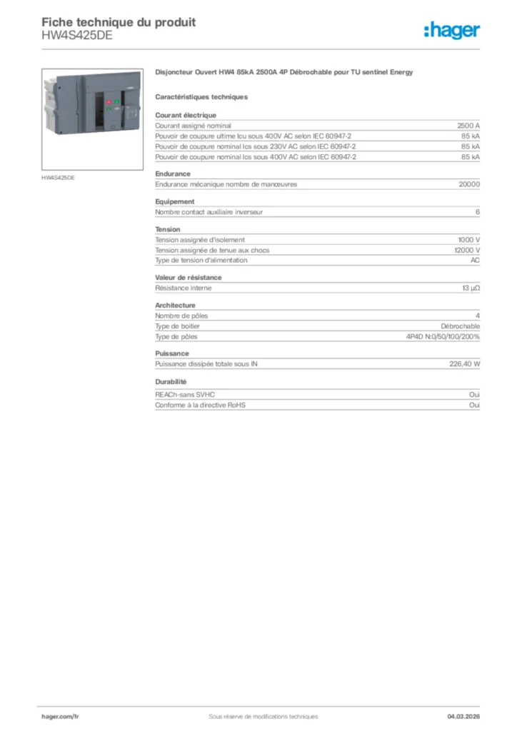 Image Hager Fiche technique du produit HW4S425DE | Hager France