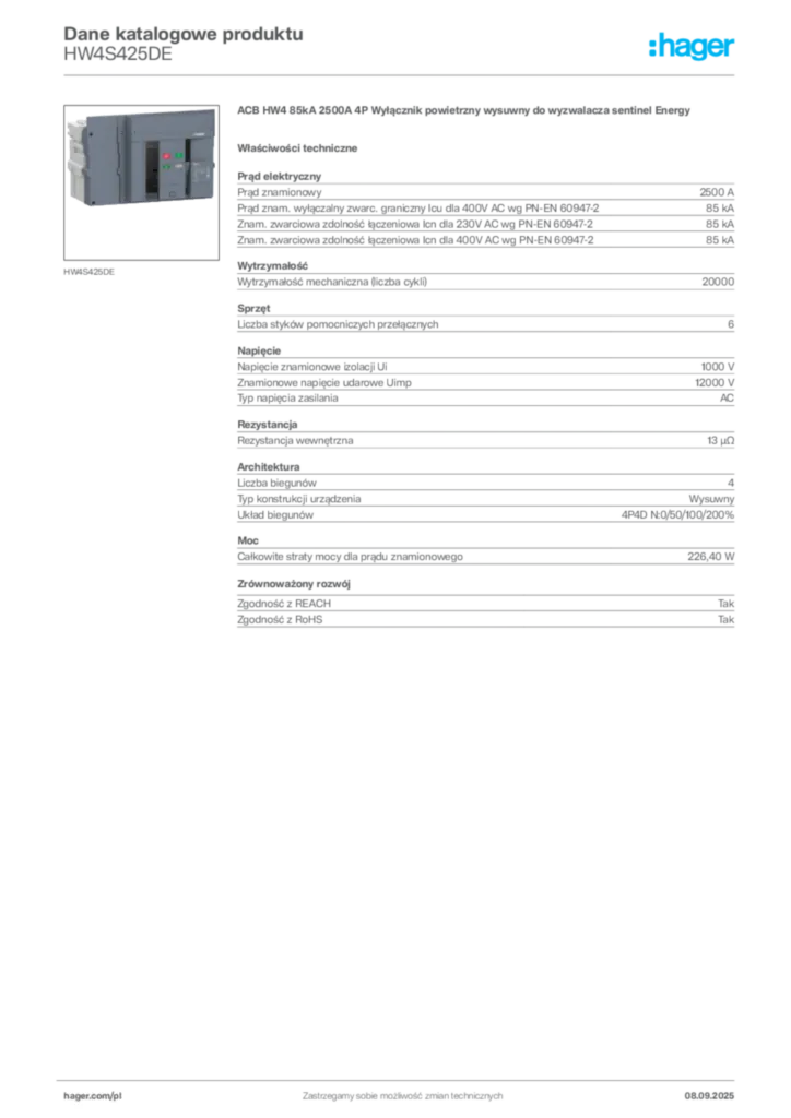 Zdjęcie Hager Dane katalogowe produktu HW4S425DE | Hager Polska