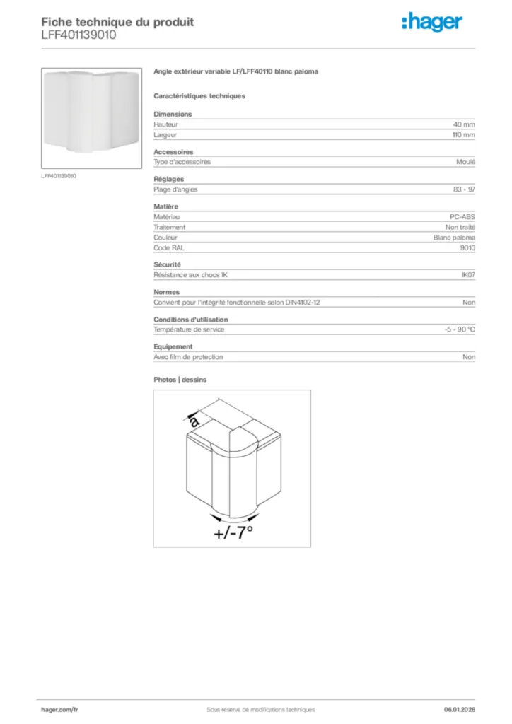 Image Hager Fiche technique du produit LFF401139010 | Hager France