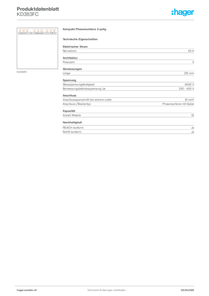 Bild Hager Produktdatenblatt KD383FC | Hager Schweiz