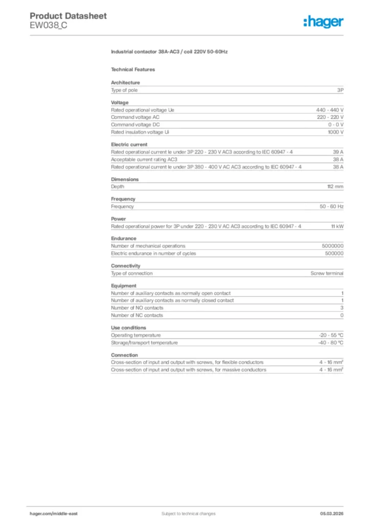 Image Hager Product data sheet EW038_C  | Hager