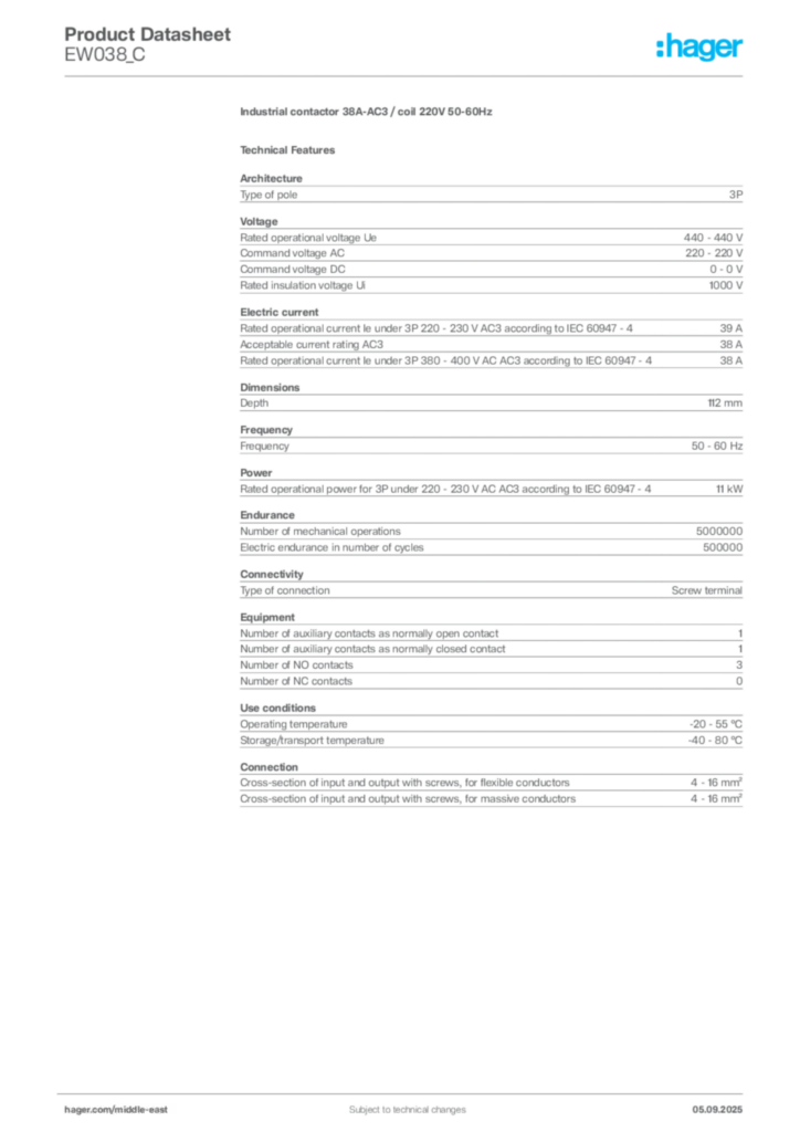 Image Hager Product data sheet EW038_C  | Hager