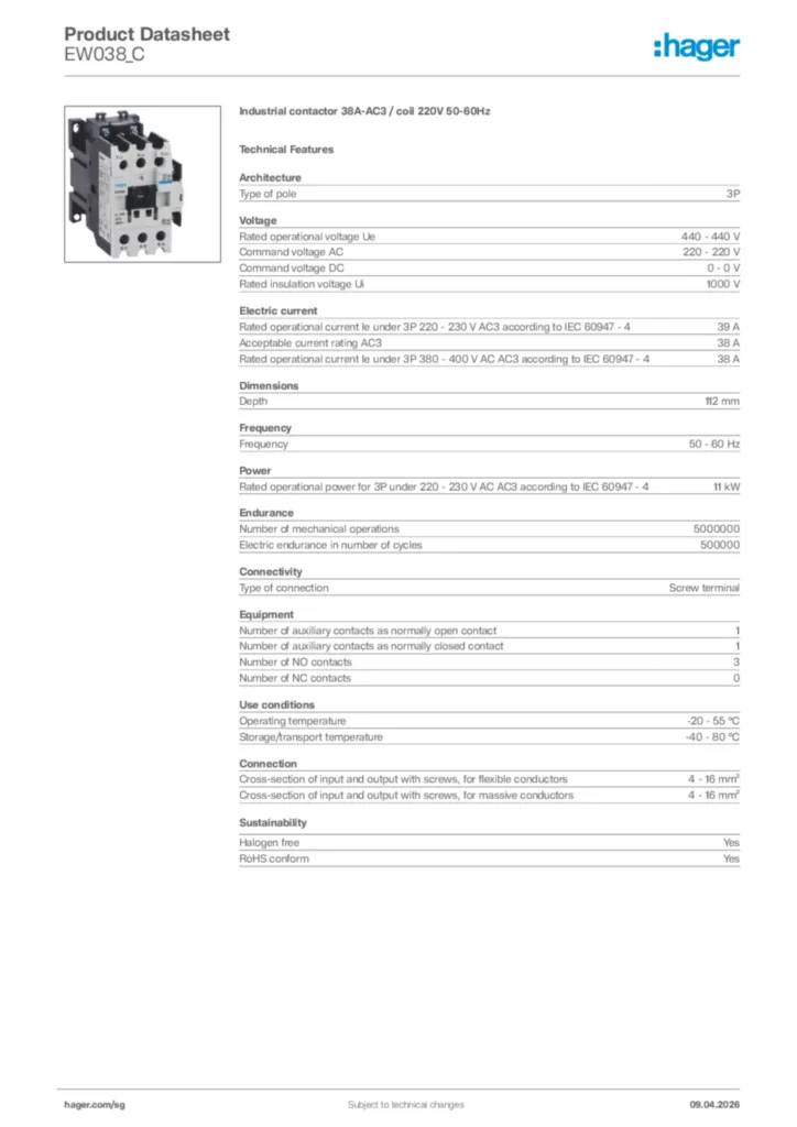 Image Hager Product data sheet EW038_C  | Hager