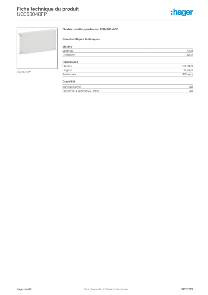 Image Hager Fiche technique du produit UC353040FP | Hager France