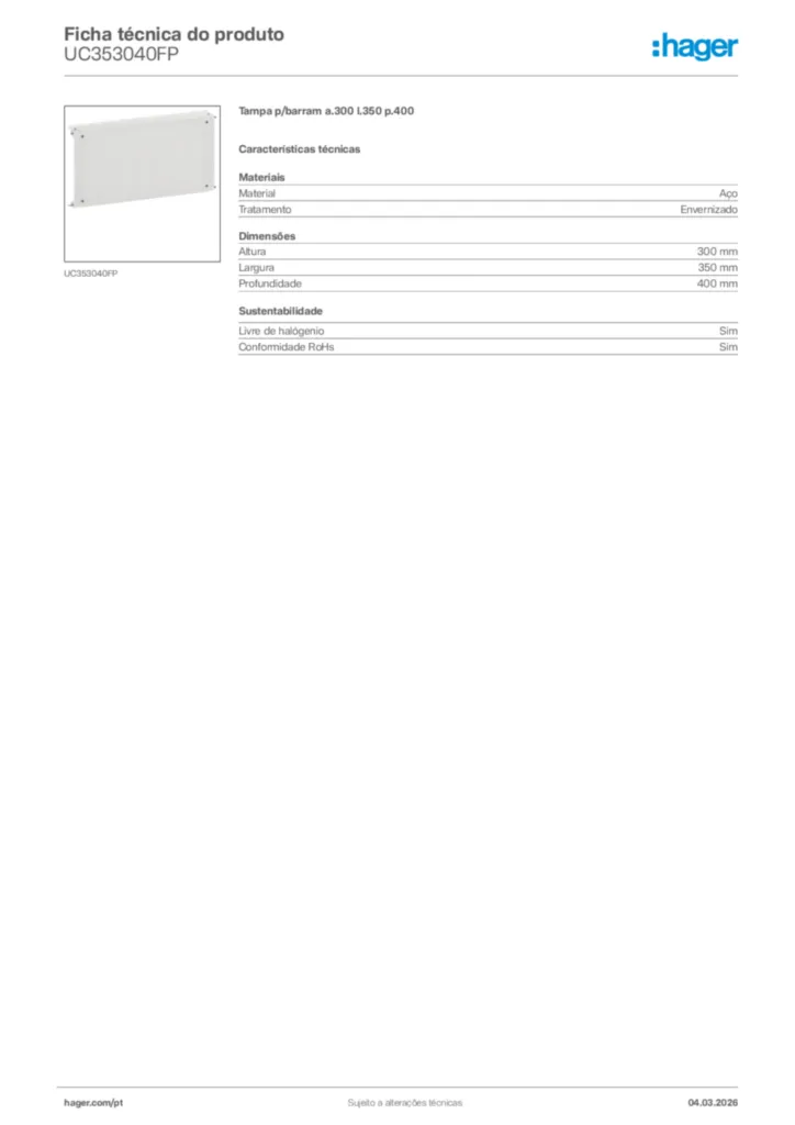 Imagem Hager Ficha técnica do produto UC353040FP | Hager Portugal