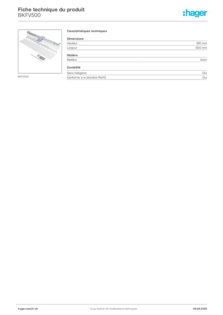 Image Hager Fiche technique du produit BKFV500 | Hager Suisse