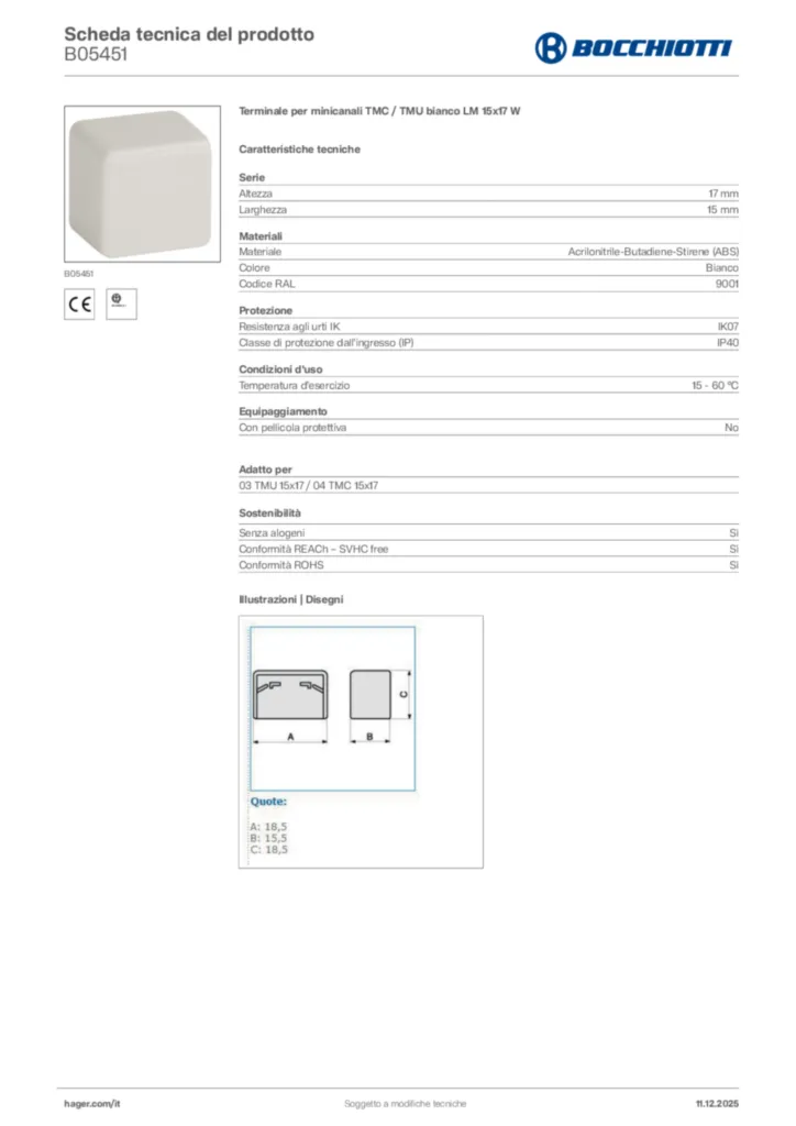 Immagine Bocchiotti Scheda tecnica del prodotto B05451 | Hager Italia