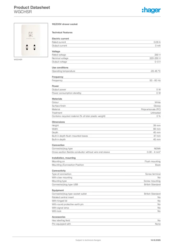 Image Hager Product data sheet WGCHSR  | Hager Africa
