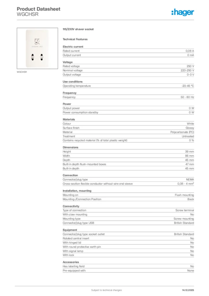 Image Hager Product data sheet WGCHSR  | Hager