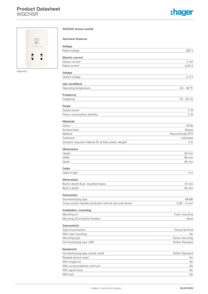 Image Hager Product data sheet WGCHSR  | Hager