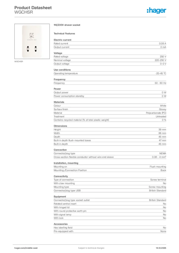 Image Hager Product data sheet WGCHSR  | Hager
