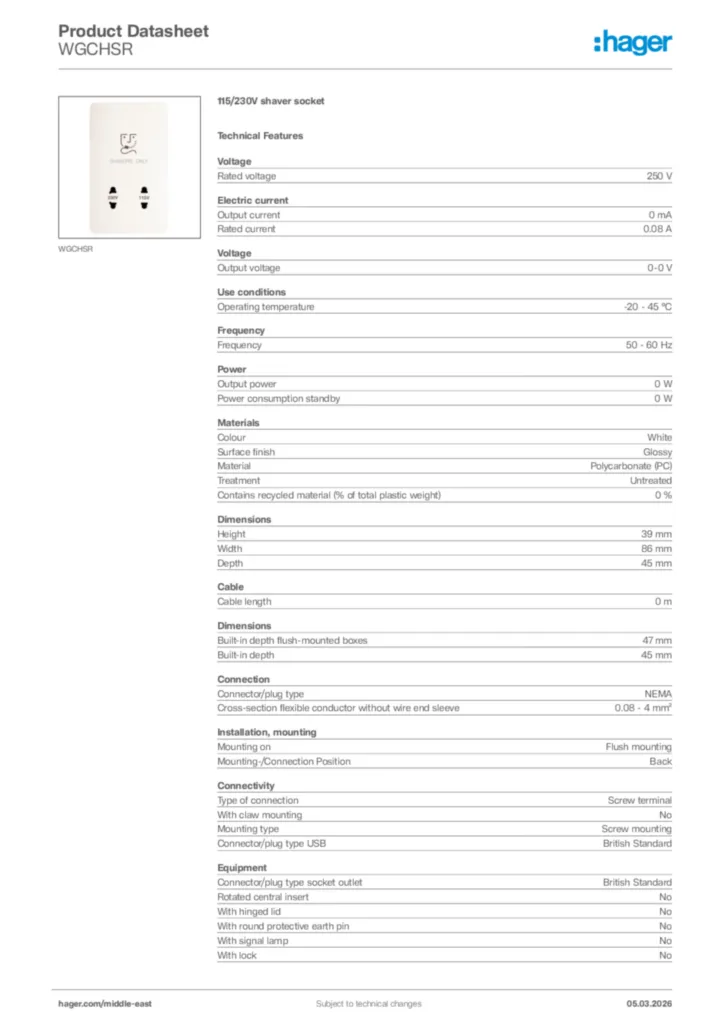 Image Hager Product data sheet WGCHSR  | Hager