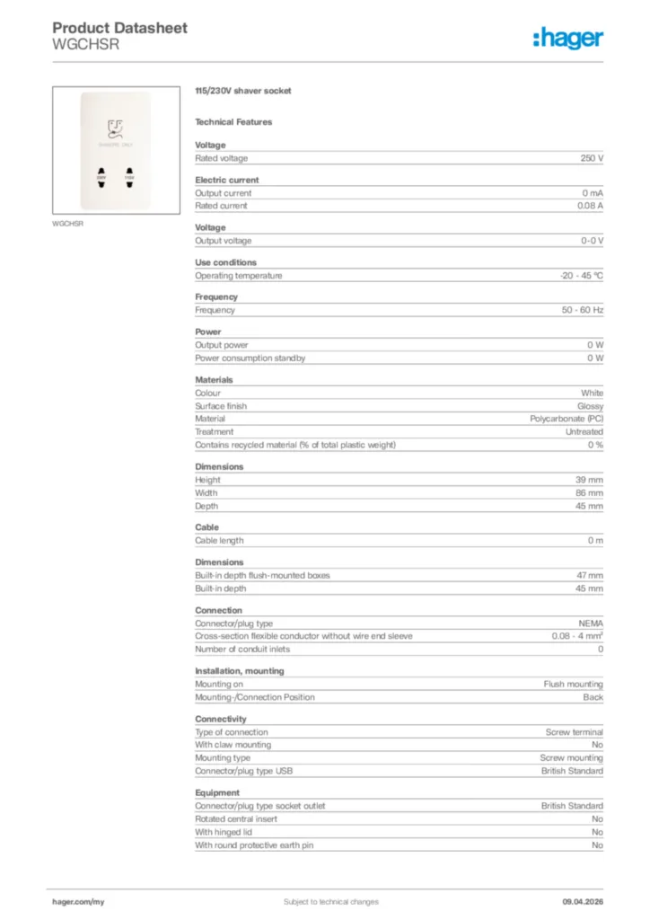 Image Hager Product data sheet WGCHSR  | Hager