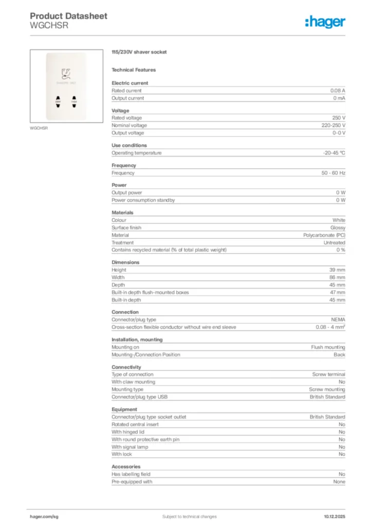 Image Hager Product data sheet WGCHSR  | Hager