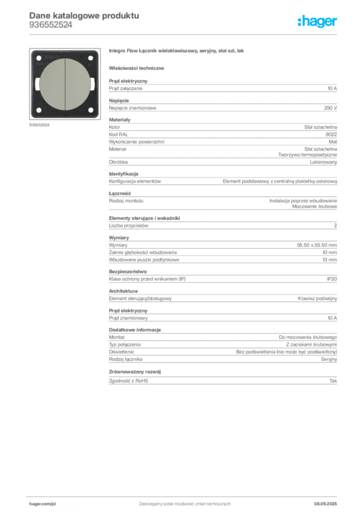 Zdjęcie Hager Dane katalogowe produktu 936552524 | Hager Polska