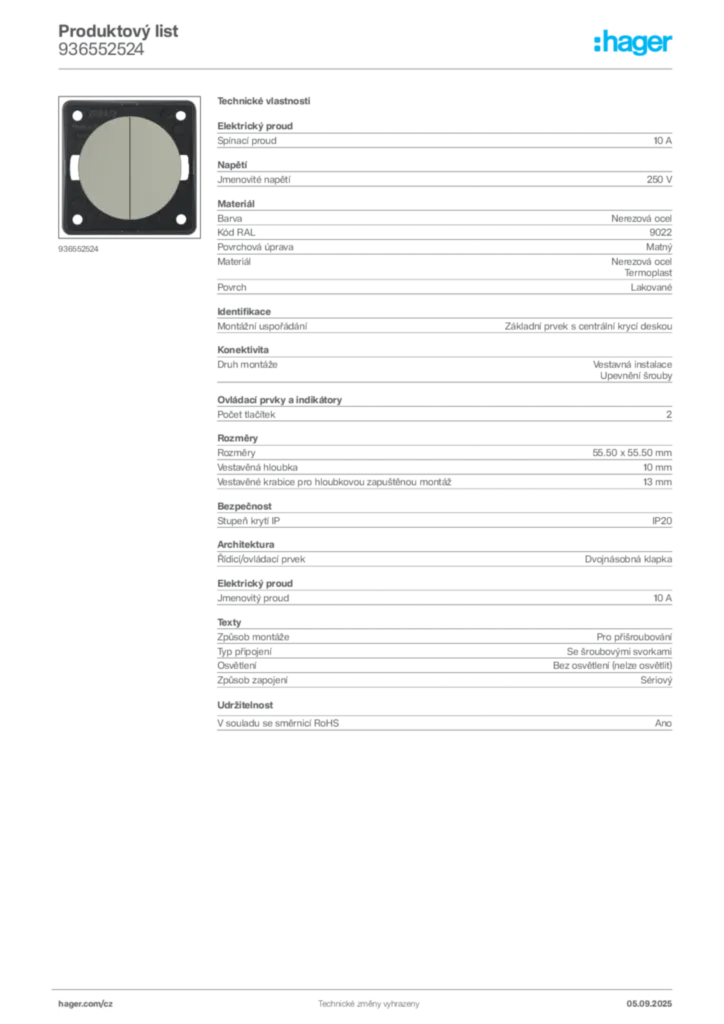 Obrázek Hager Produktový list 936552524 | Hager