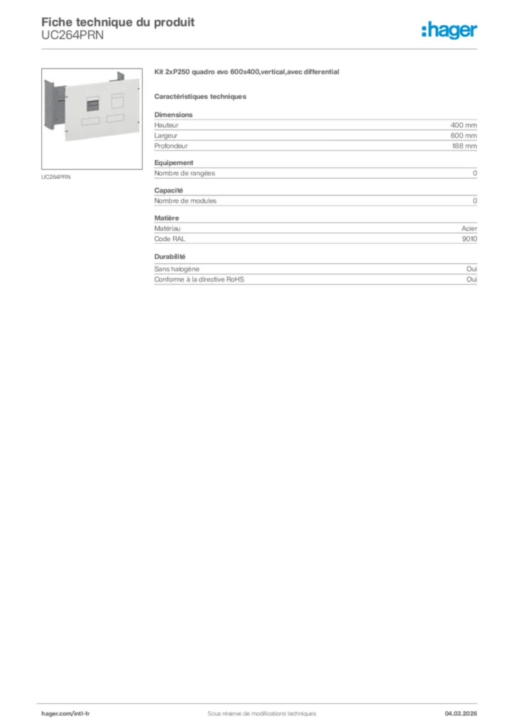 Image Hager Fiche technique du produit UC264PRN | Hager Afrique
